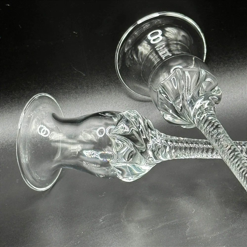 Art Glass Pair Candlesticks Vtg. Optic Twist Stem Floral Tulip Cottage Regency‎